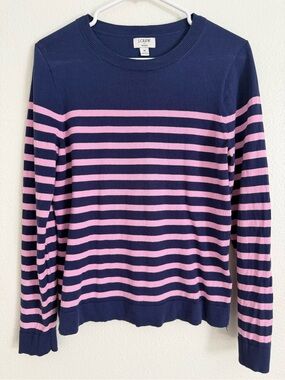 J. Crew Navy and Pink Striped Crewneck Sweater